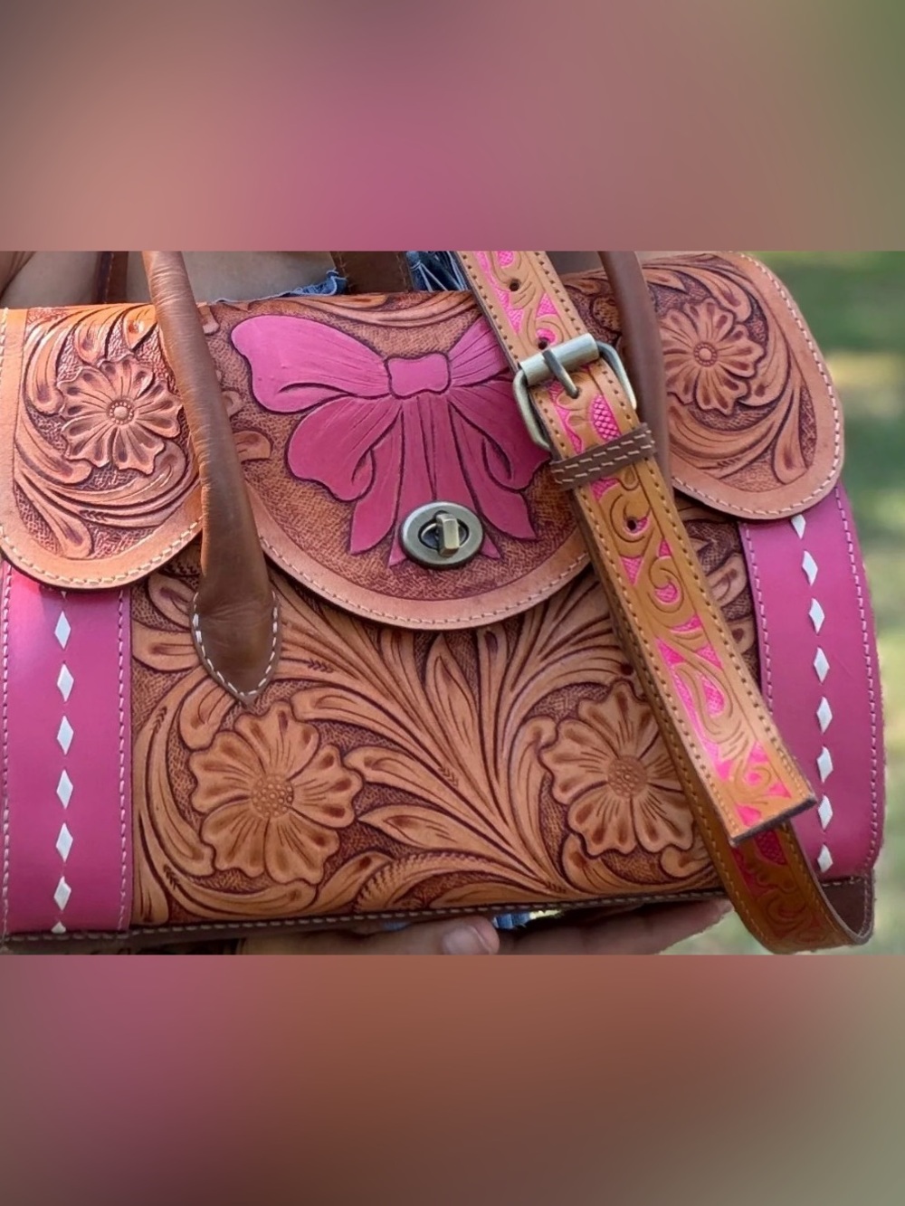 NEW! Hand-Tooled Leather Satchel with Pink Bow Accent